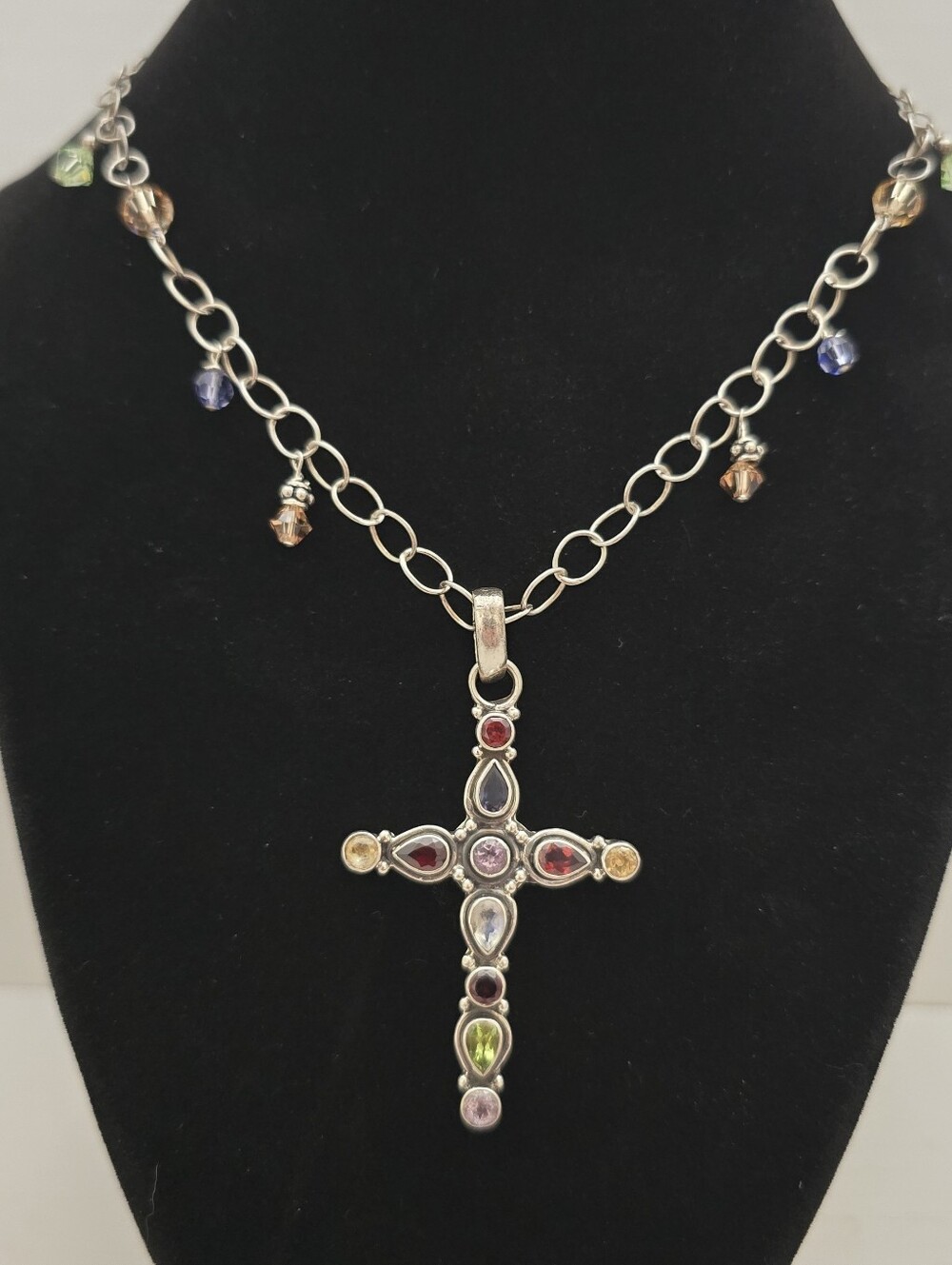 Vtg Sterling Silver Multi Faceted Gemstone Cross 2.5" On 19" Sterling Necklace